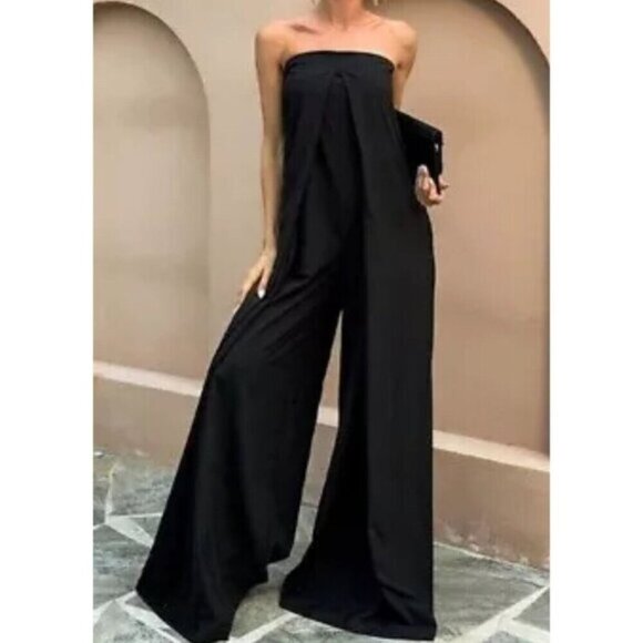 Zara Black Linen blend Super Wide Leg Strapless Jumpsuit  Blogger S - Picture 2 of 10